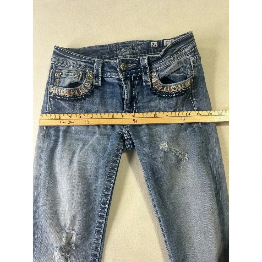 Miss Me‎ Mid Rise Skinny Jeans Light Wash Distressed Embroidered Beaded Size 27